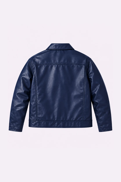 Fireman Clasp Navy Blue Faux Leather Jacket