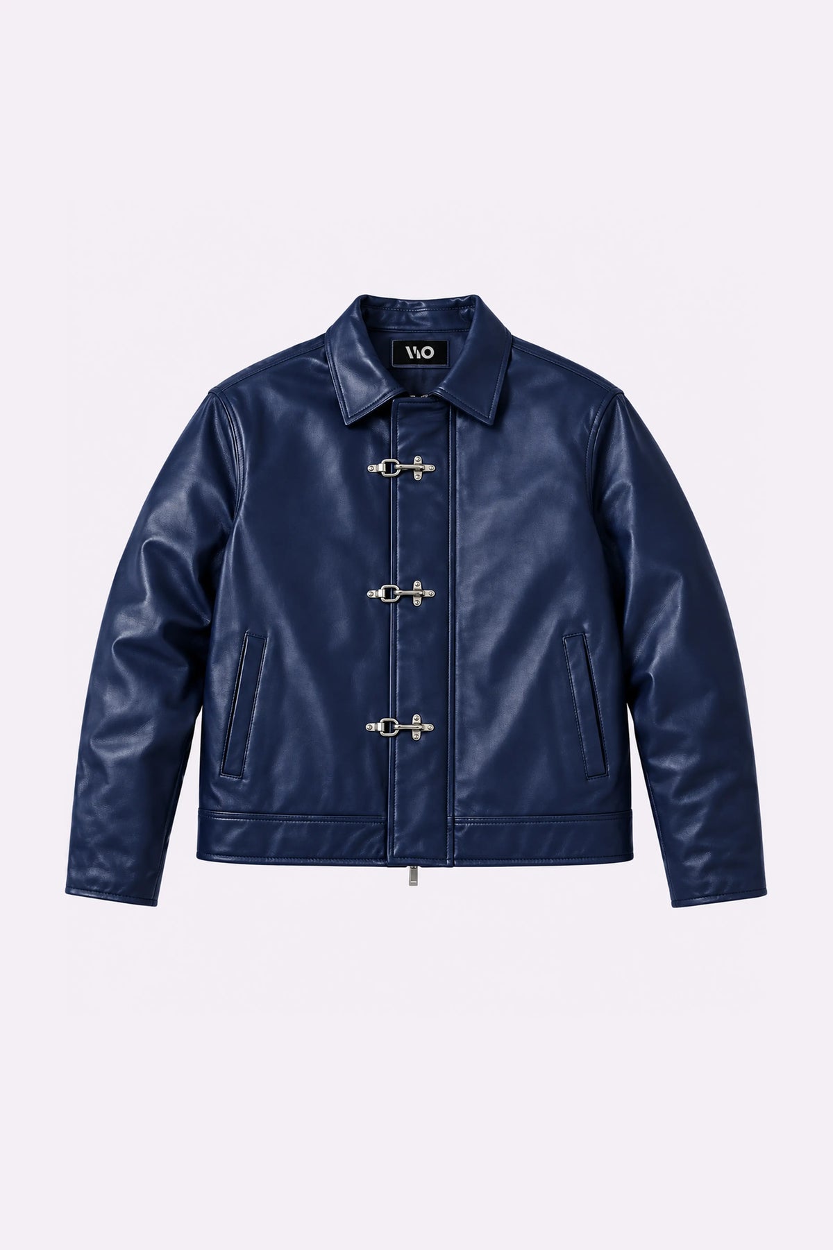Fireman Clasp Navy Blue Faux Leather Jacket