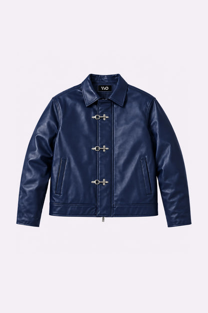 Fireman Clasp Navy Blue Faux Leather Jacket