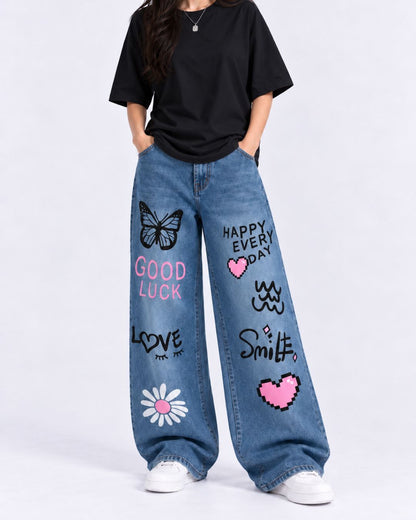 Good Luck Blue Graphic Baggy Jeans
