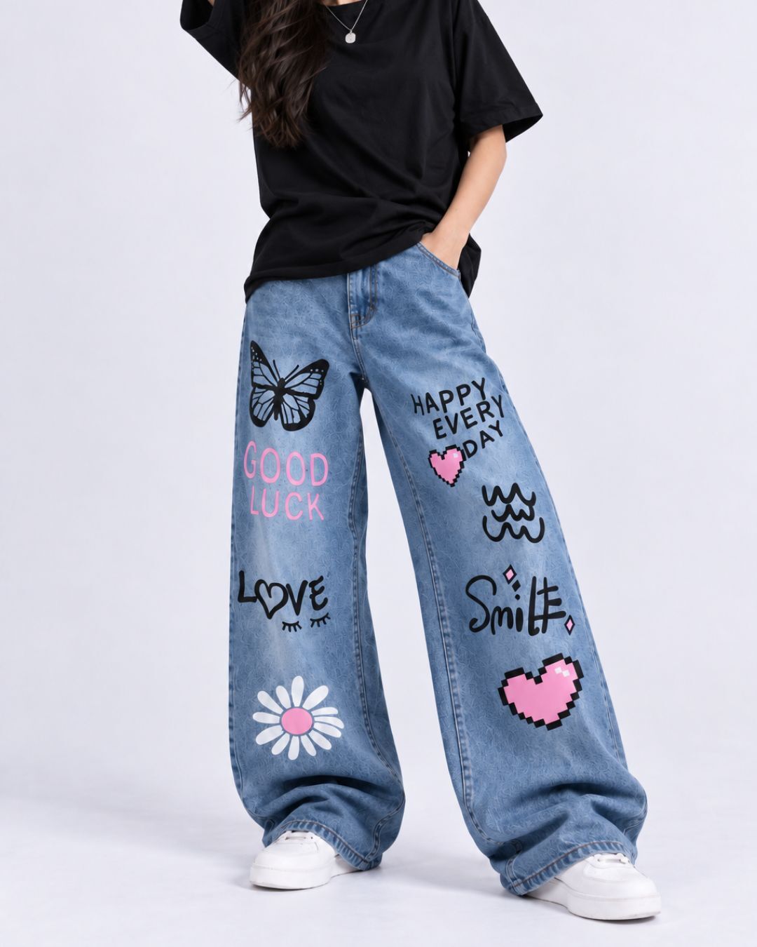 Good Luck Blue Graphic Baggy Jeans