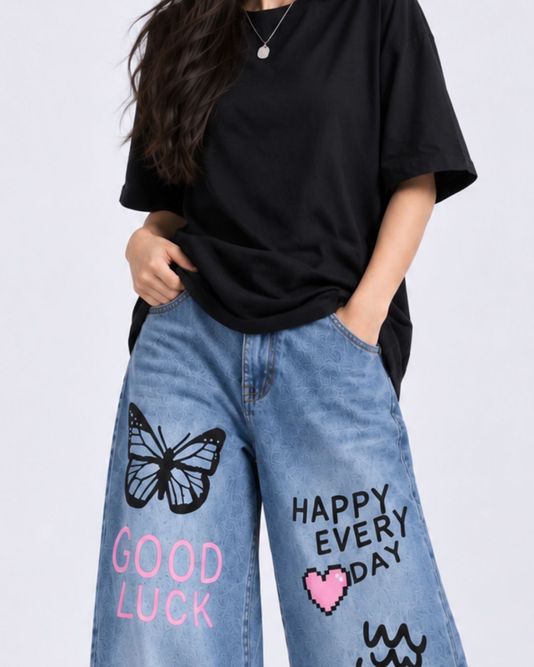 Good Luck Blue Graphic Baggy Jeans