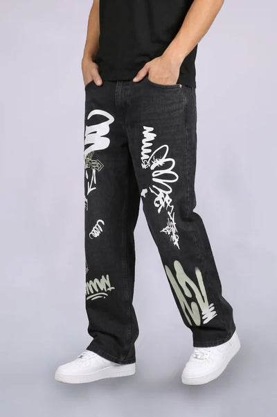 Black Graffiti Baggy Jeans - Graffiti Black Baggy Jeans