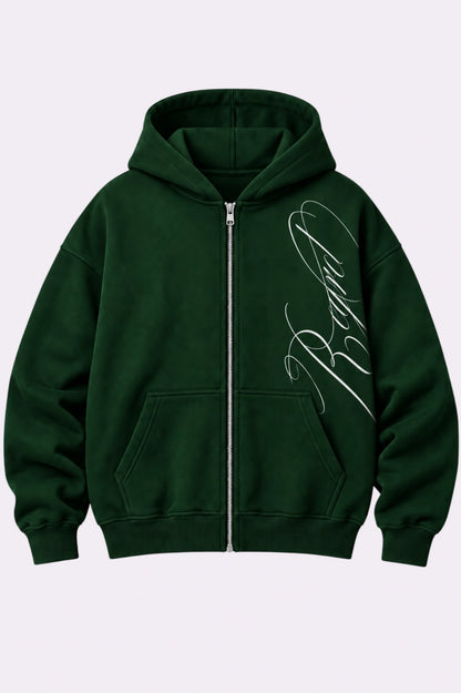 Green Cursive Script Oversized Zip-Up Hoodie
