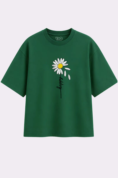 Happy Flower Print Green T-Shirt