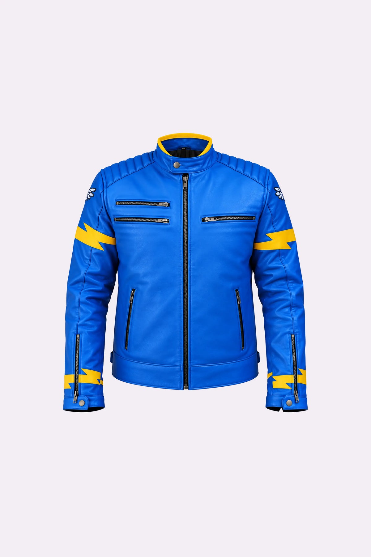 Blue Leather Motorcycle Jacket - front view