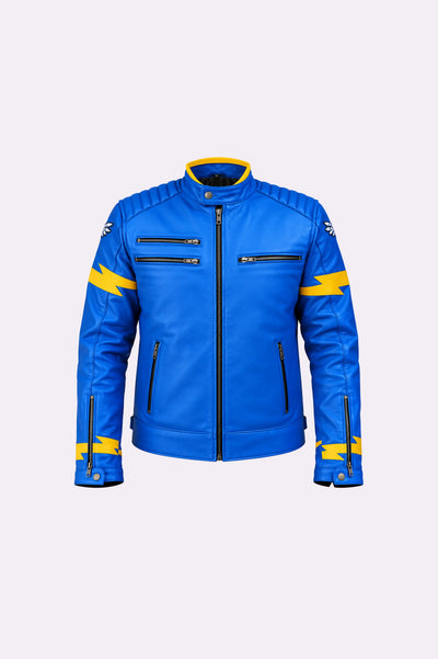 Blue Leather Motorcycle Jacket - front view
