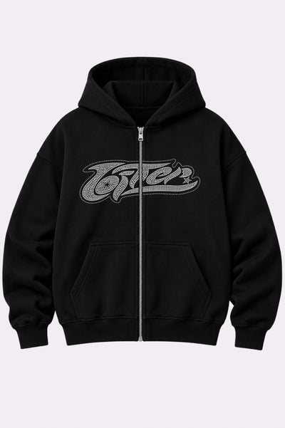Loiter Black Rhinestone Graphic Zip-Up Hoodie