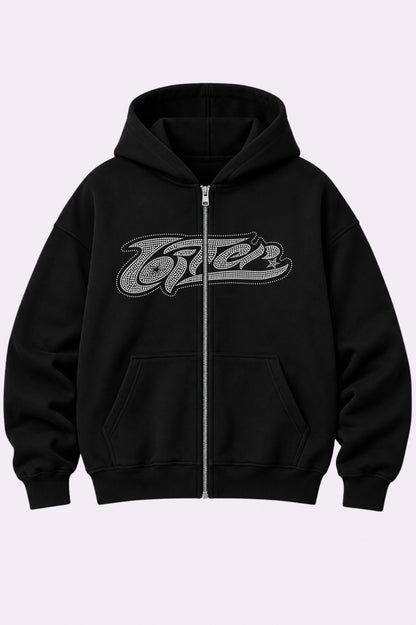 Loiter Black Rhinestone Graphic Zip-Up Hoodie