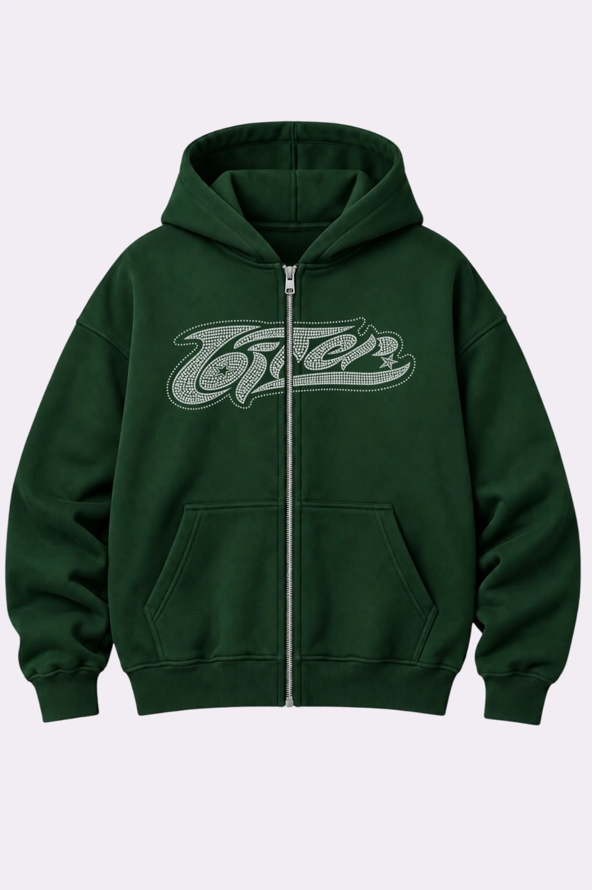Loiter Green Rhinestone Graphic Zip-Up Hoodie