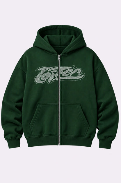 Loiter Green Rhinestone Graphic Zip-Up Hoodie