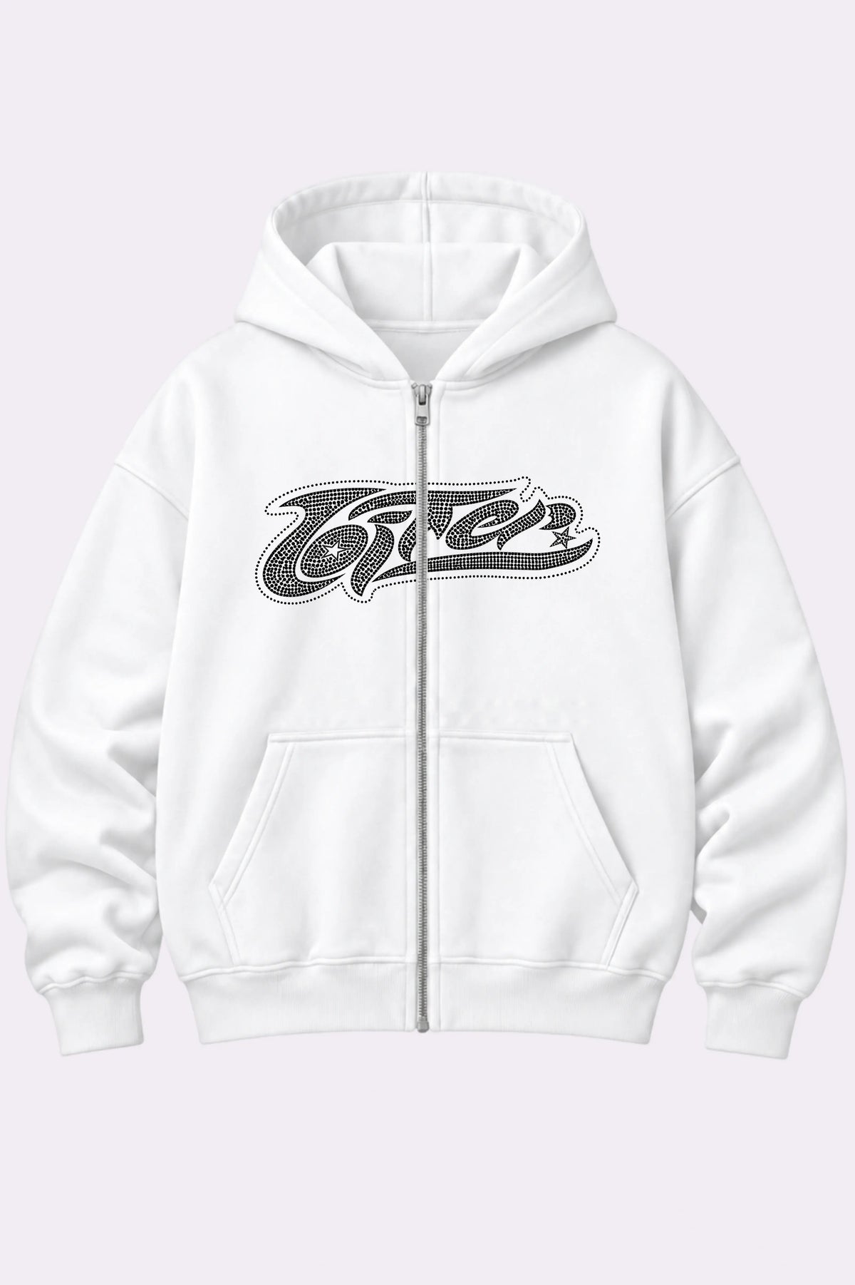 Loiter White Rhinestone Graphic Zippers Hoodie
