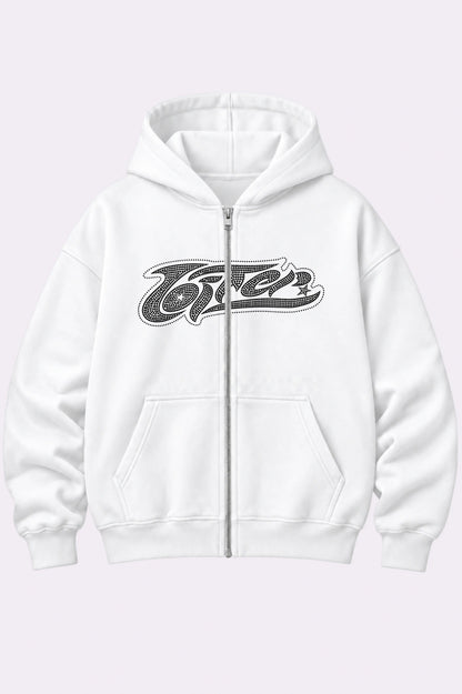 Loiter White Rhinestone Graphic Zippers Hoodie