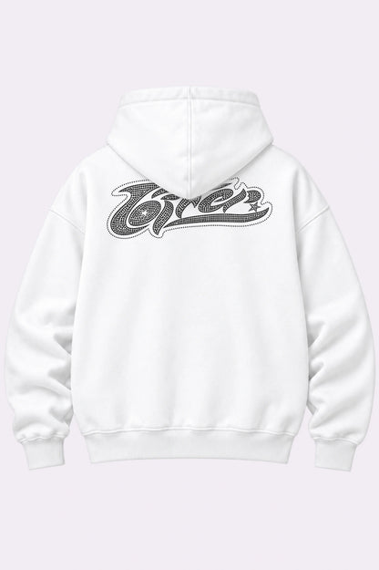 Loiter White Rhinestone Graphic Zippers Hoodie