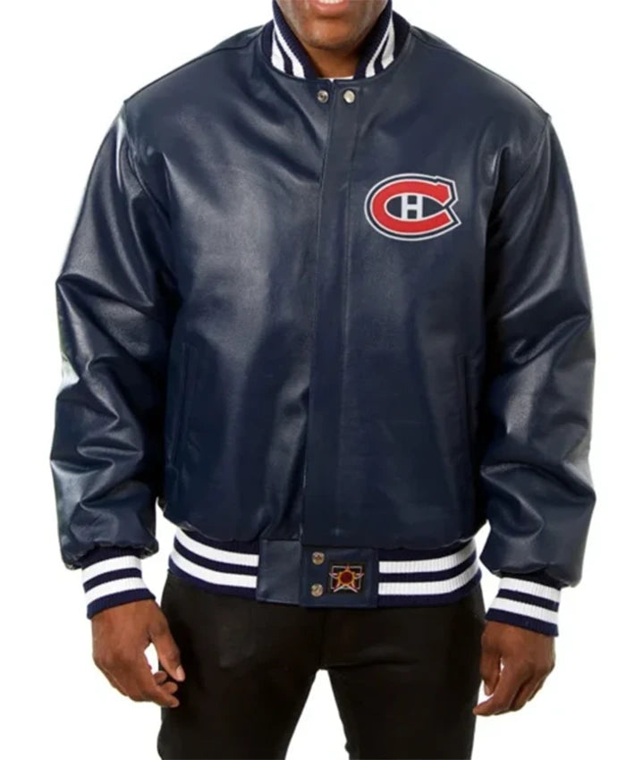 Montreal Canadiens Navy Blue Leather Varsity Jacket