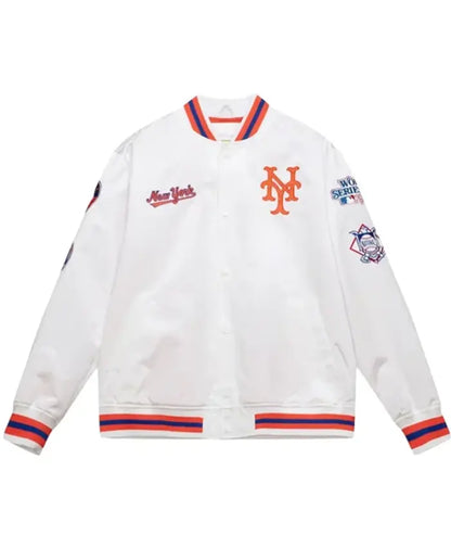 NY Mets City Collection White Satin Varsity Jacket