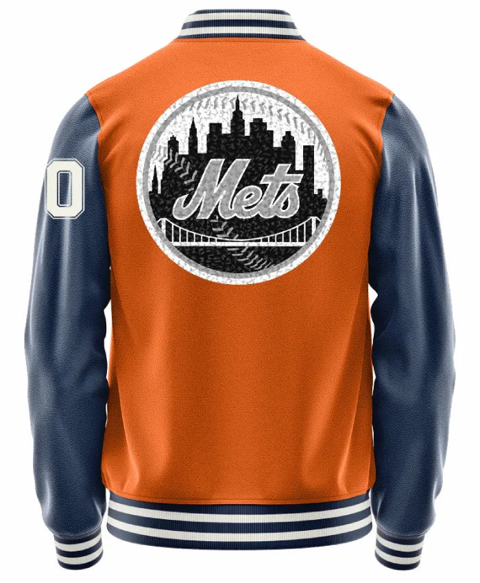 New York Mets Orange and Black Leather Sleeves Varsity Jacket