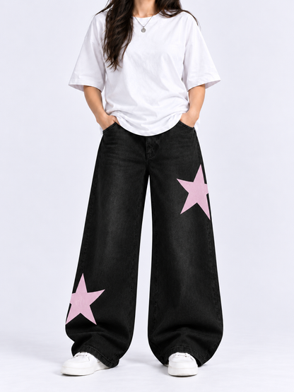 Pink Star Patch Black Baggy Jeans
