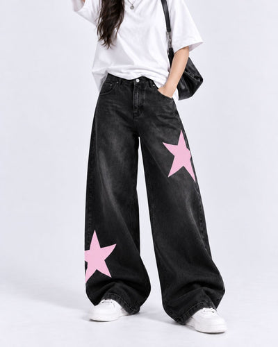 Pink Star Patch Black Baggy Jeans
