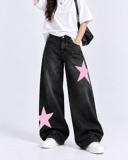 Pink Star Patch Black Baggy Jeans