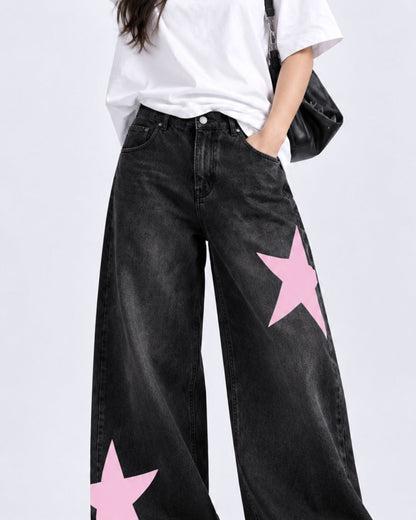 Pink Star Patch Black Baggy Jeans