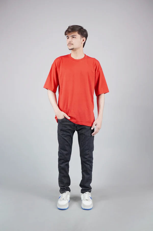 Shop Plain Red Drop Shoulder T-Shirt