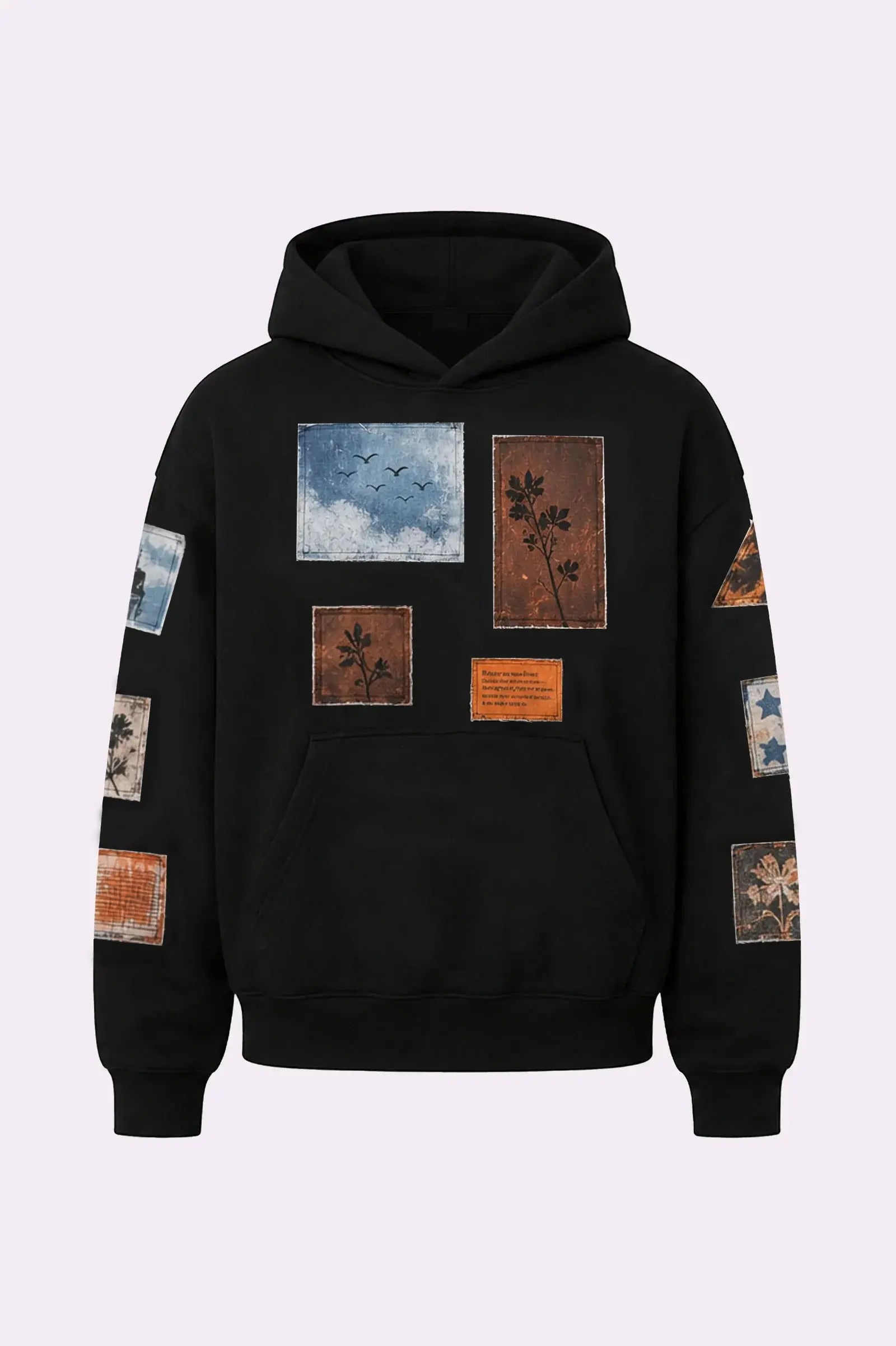 Oversized Black Patchwork Printed Streetwear Hoodie