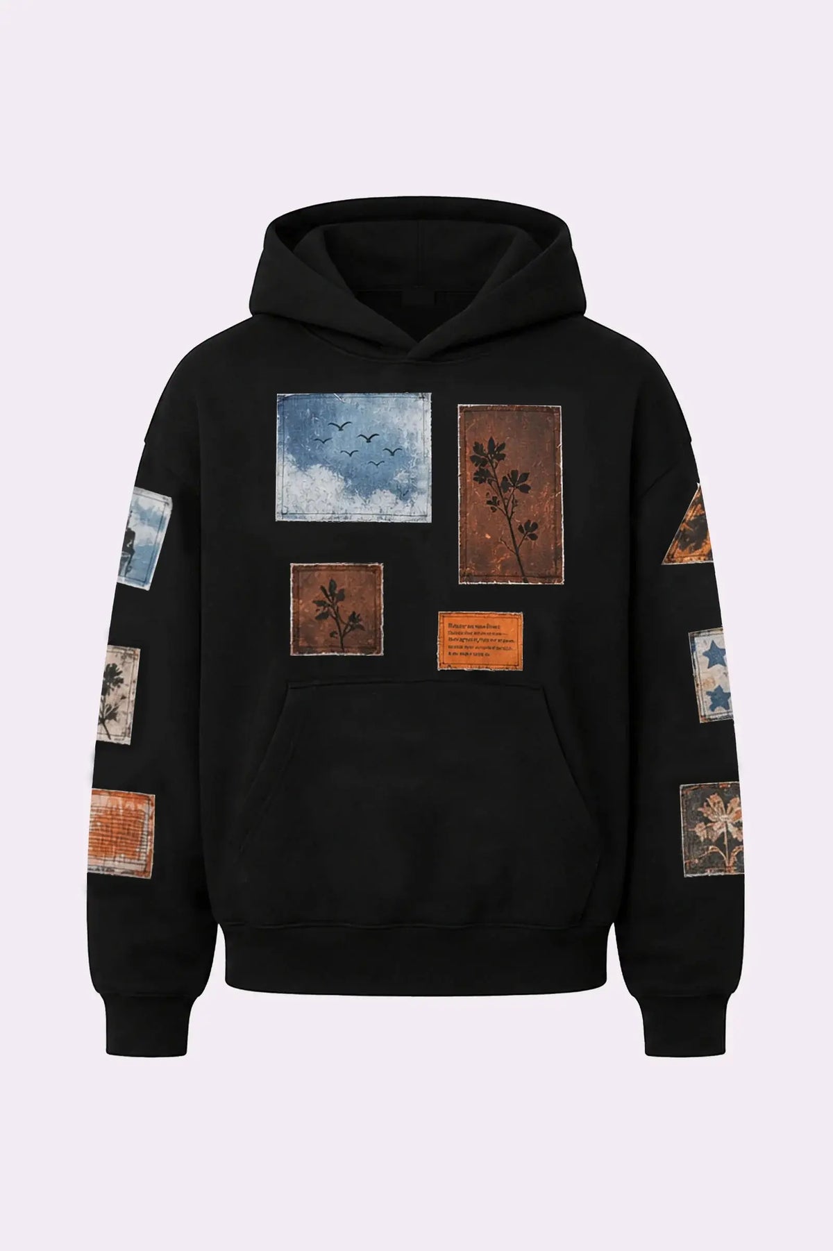 Oversized Black Patchwork Printed Streetwear Hoodie