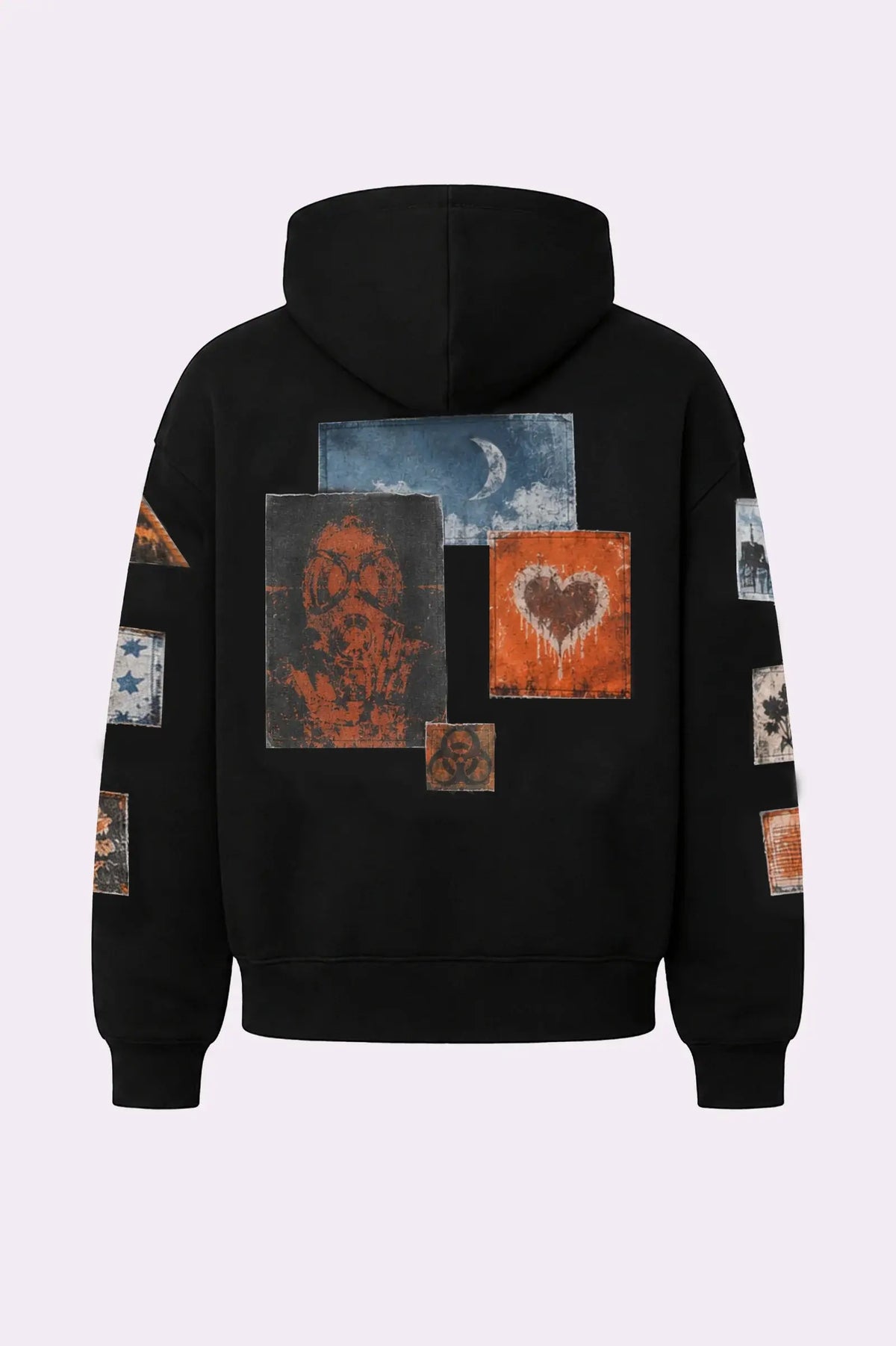 Oversized Black Patchwork Printed Streetwear Hoodie