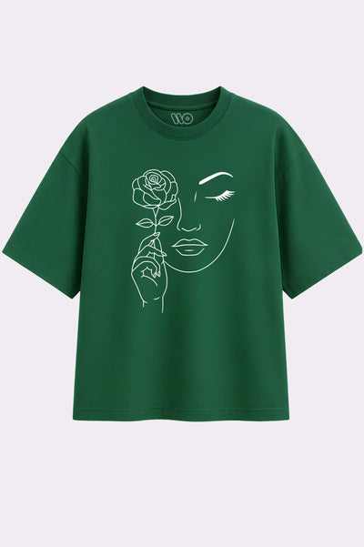 Rose Face Oversized Green T-Shirt