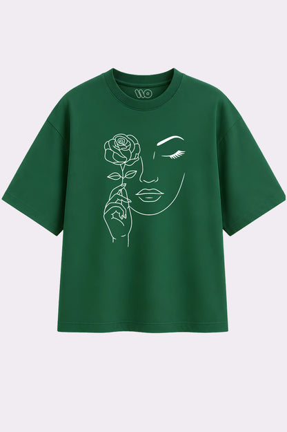 Rose Face Oversized Green T-Shirt