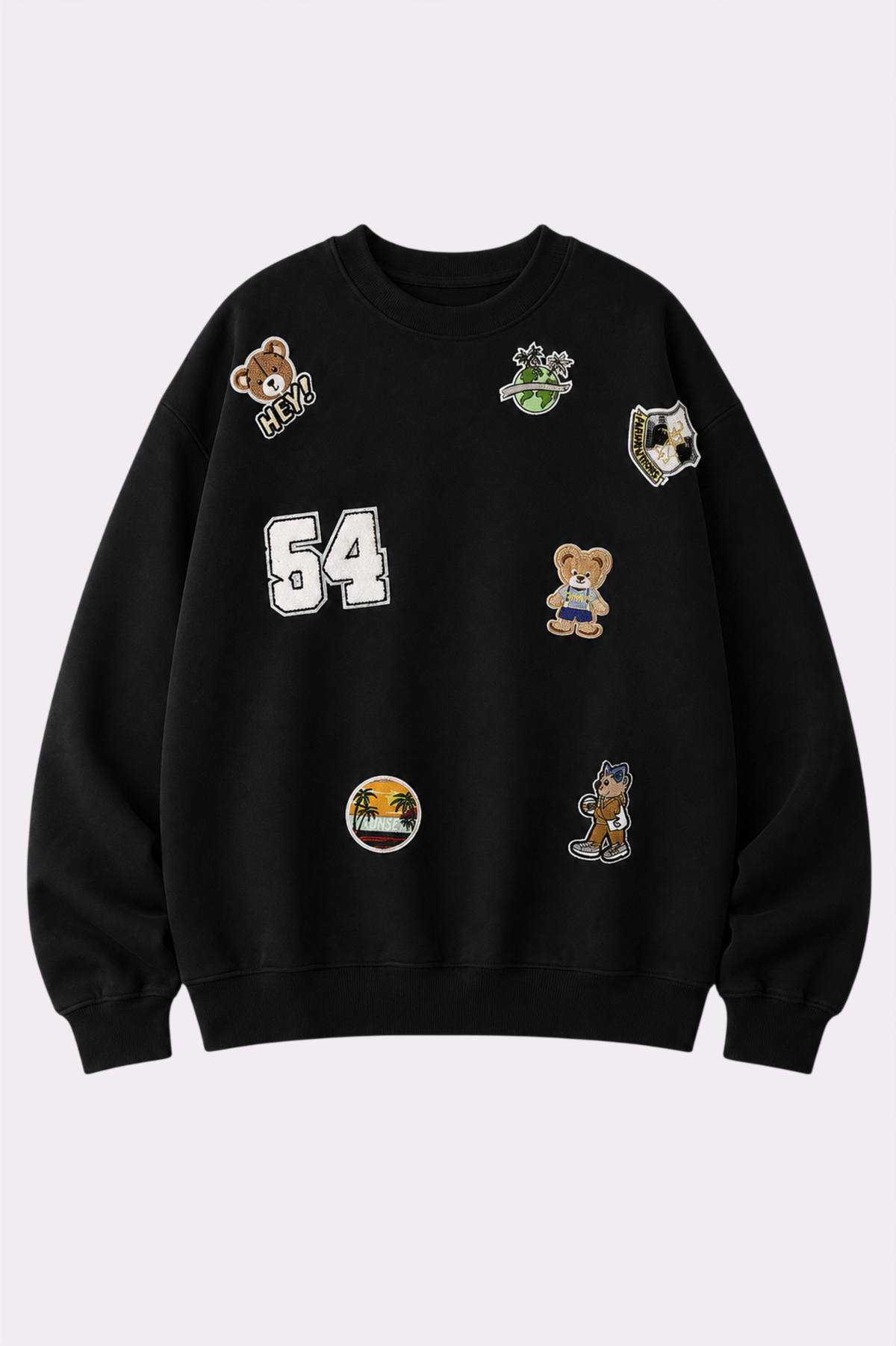 Teddy Bear Patch Black Crew Neck Sweatshirt