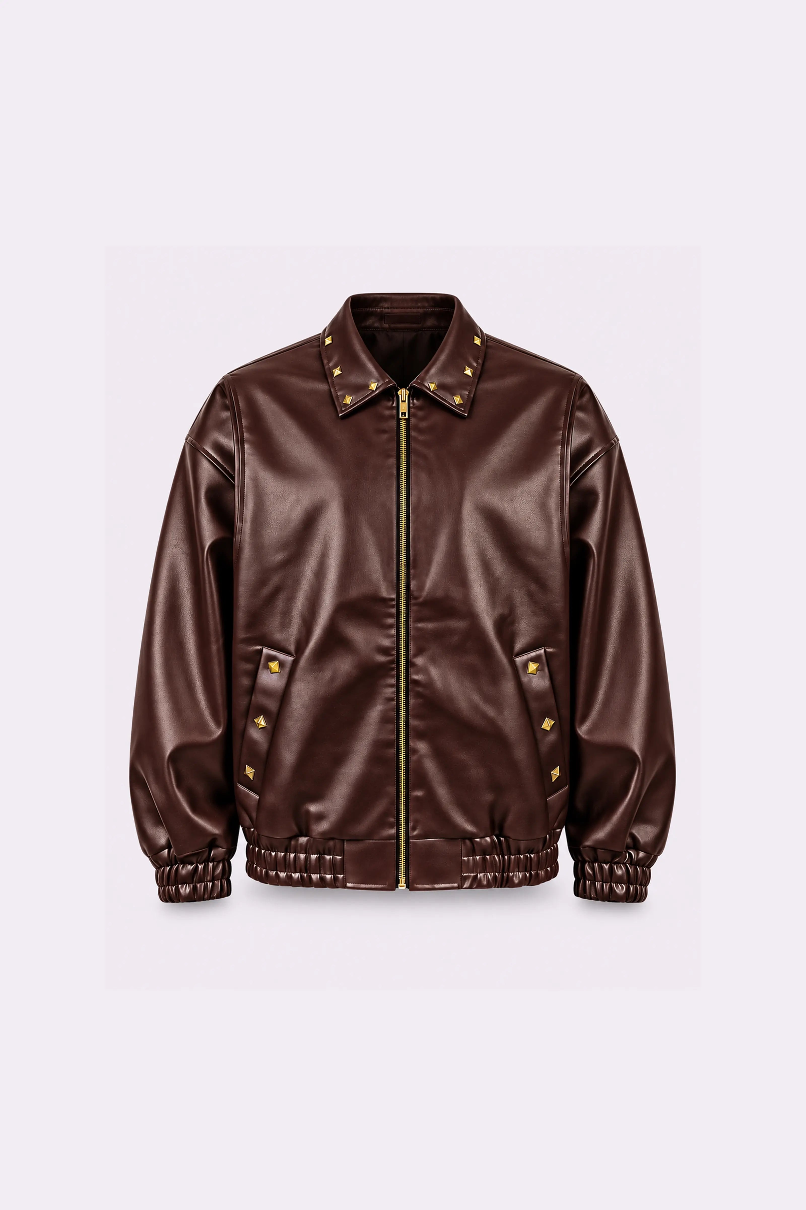 Brown Studded Bomber Jacket - front view