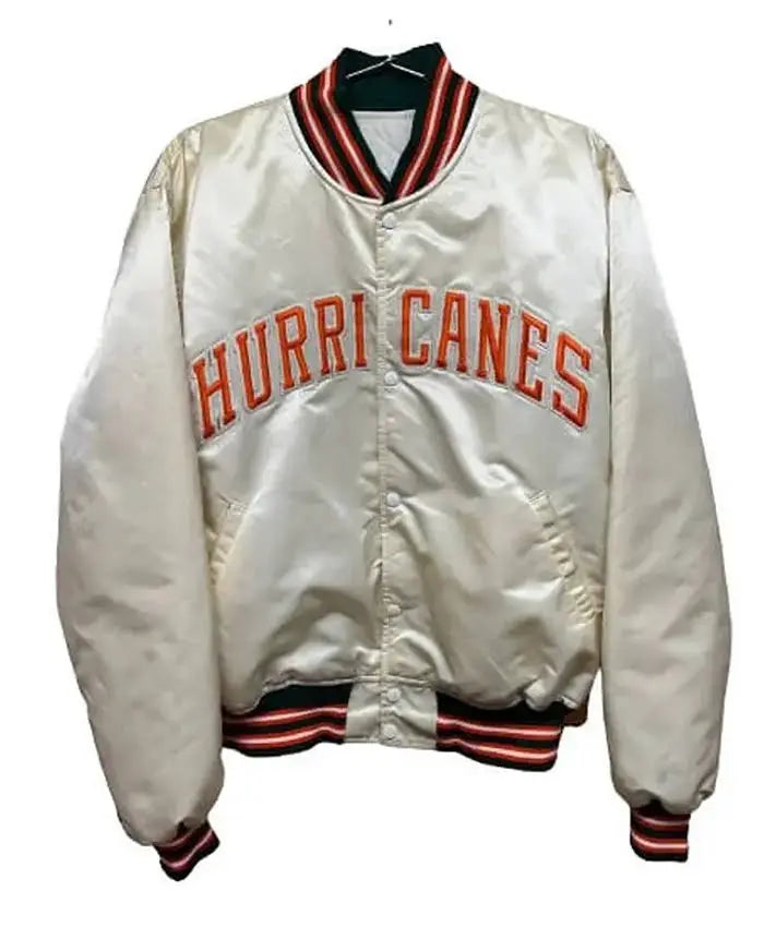 University of Miami Hurricanes White Satin Varsity Jacket