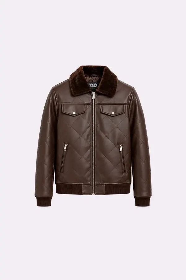 Brown Faux Leather Bomber Jacket