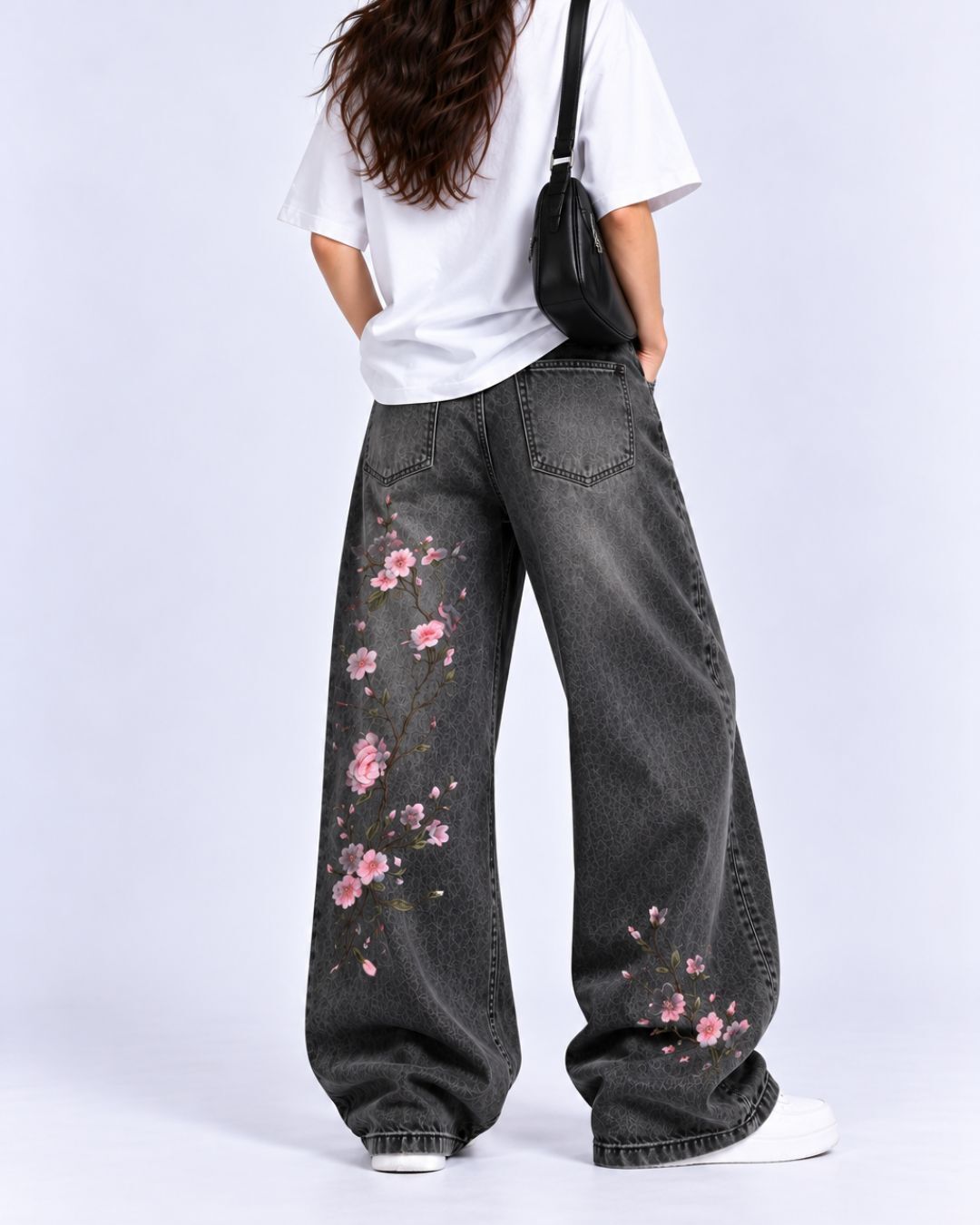 Washed Black Cherry Blossom Wide-Leg Jeans