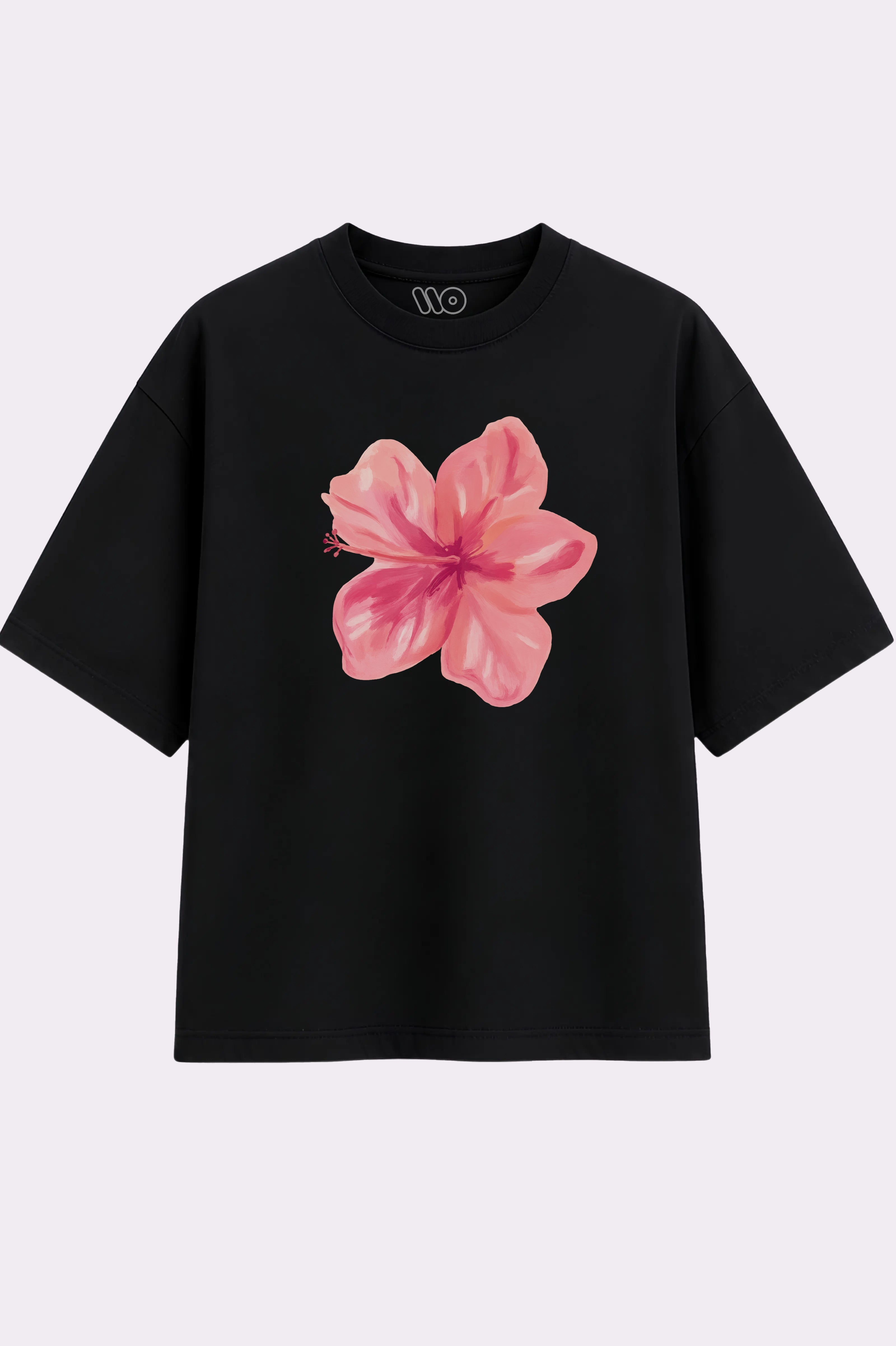 Pink Flower Graphic Oversized Black T-Shirt