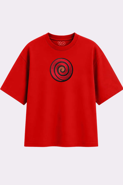 Spiral Embroidered Red Oversized T-Shirt