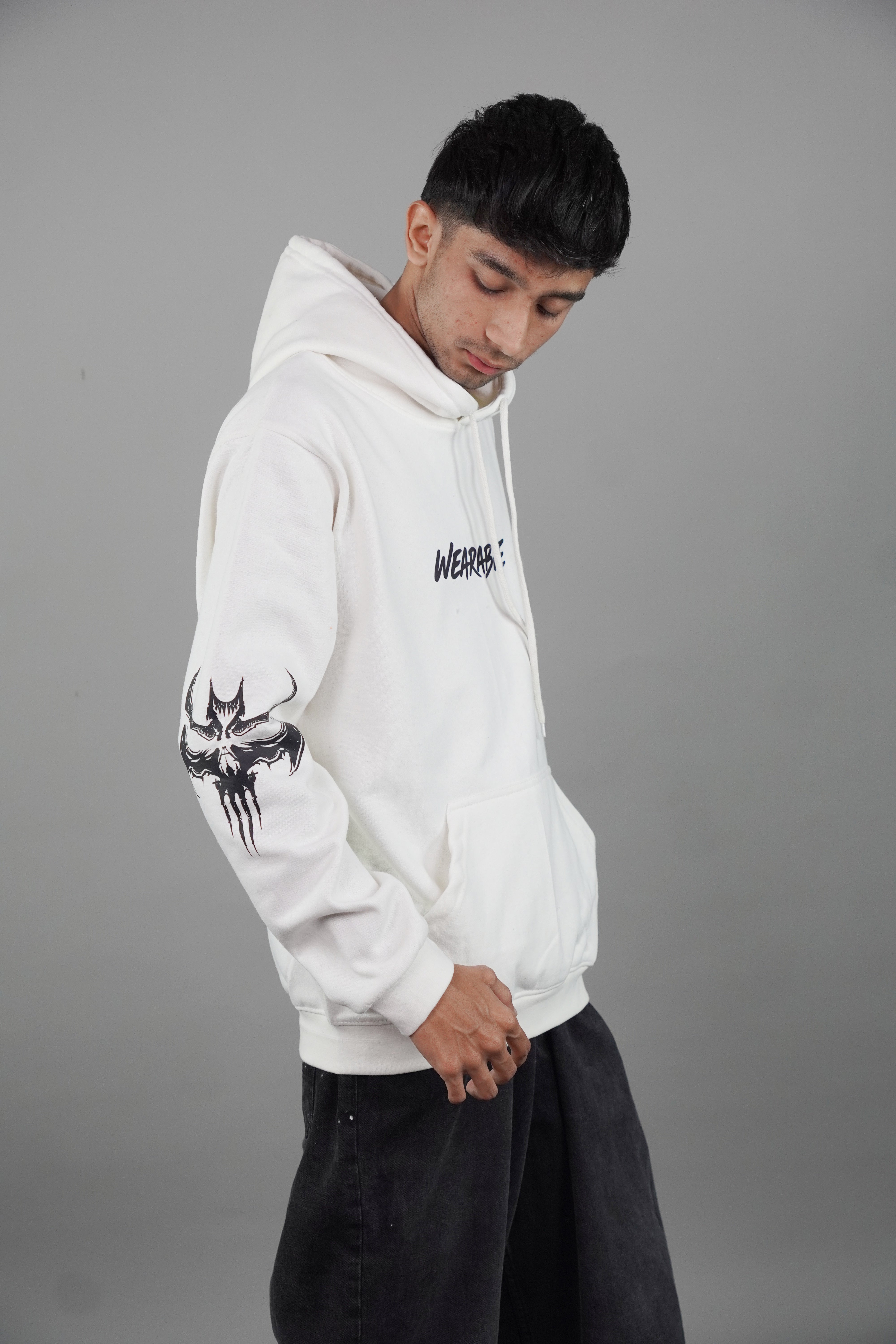 gothic bat skull graphic print White Hoodie