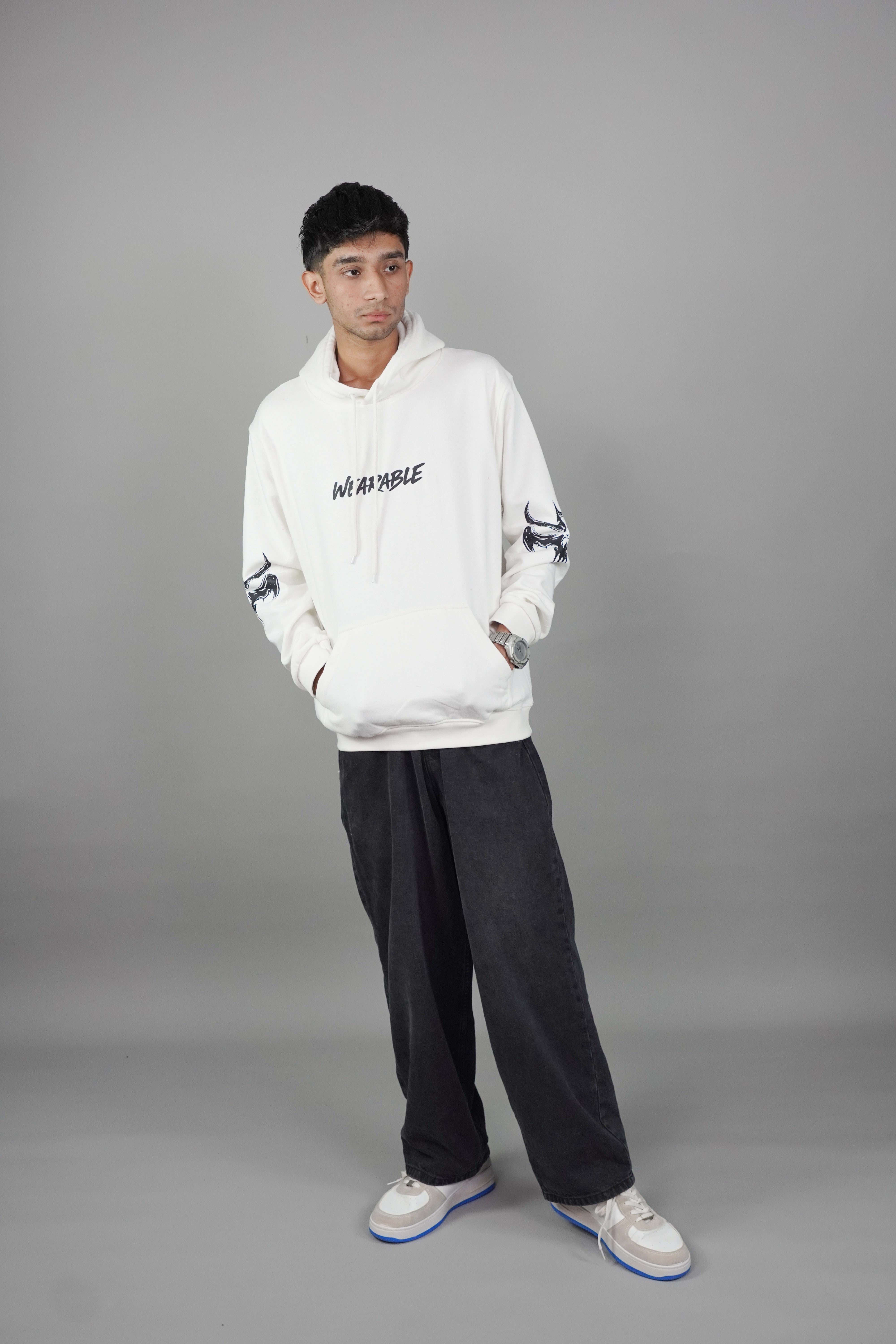 gothic bat skull graphic print White Hoodie