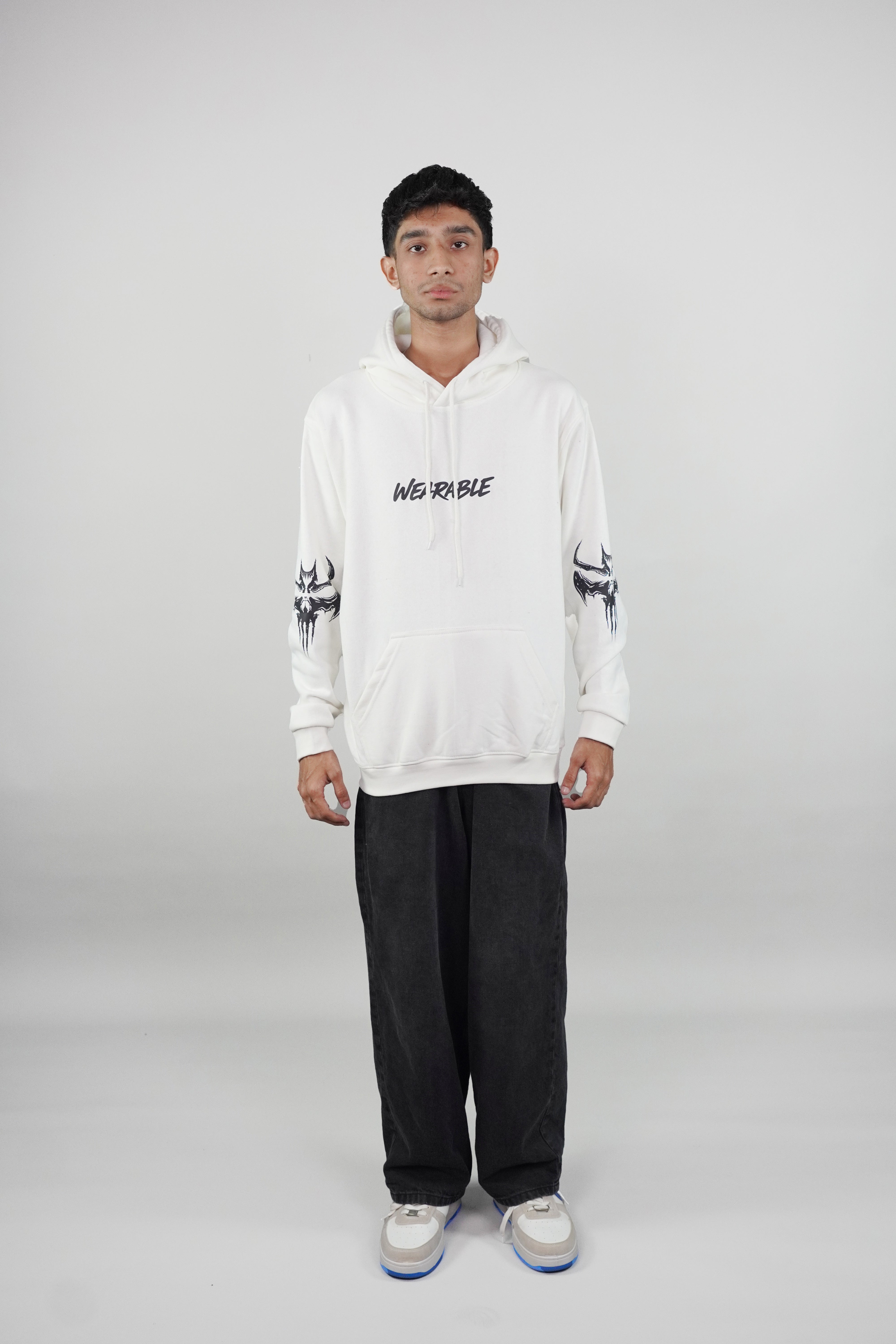 gothic bat skull graphic print White Hoodie