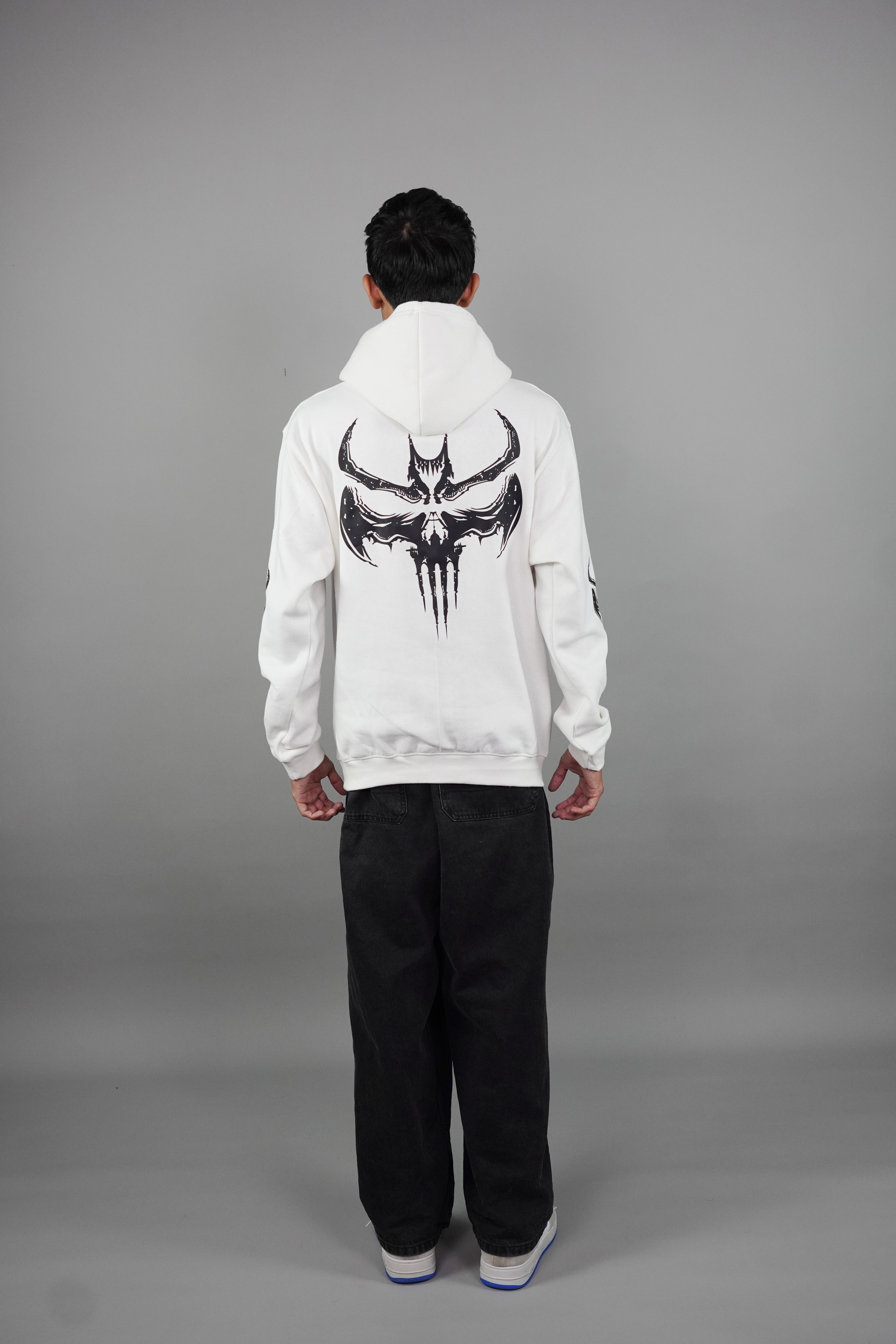 gothic bat skull graphic print White Hoodie