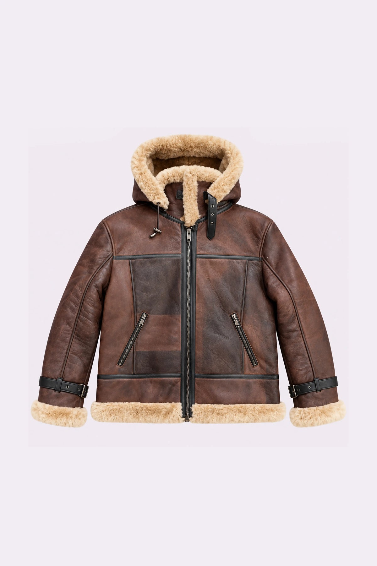 Brown Shearling Bomber Jacket - front view