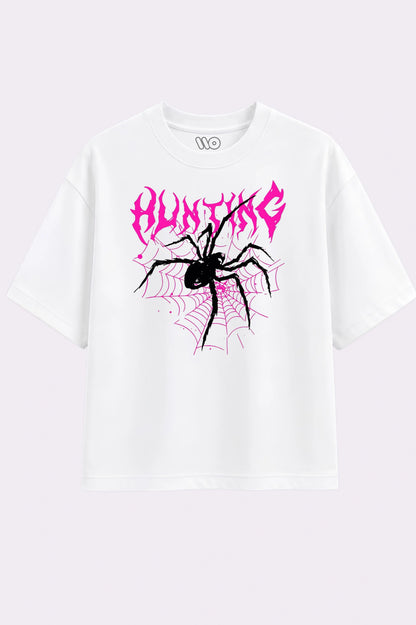 Spider Hunting Print Oversized White T-Shirt