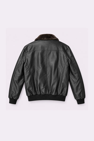 Fur Collar Black Bomber Jacket - back view
