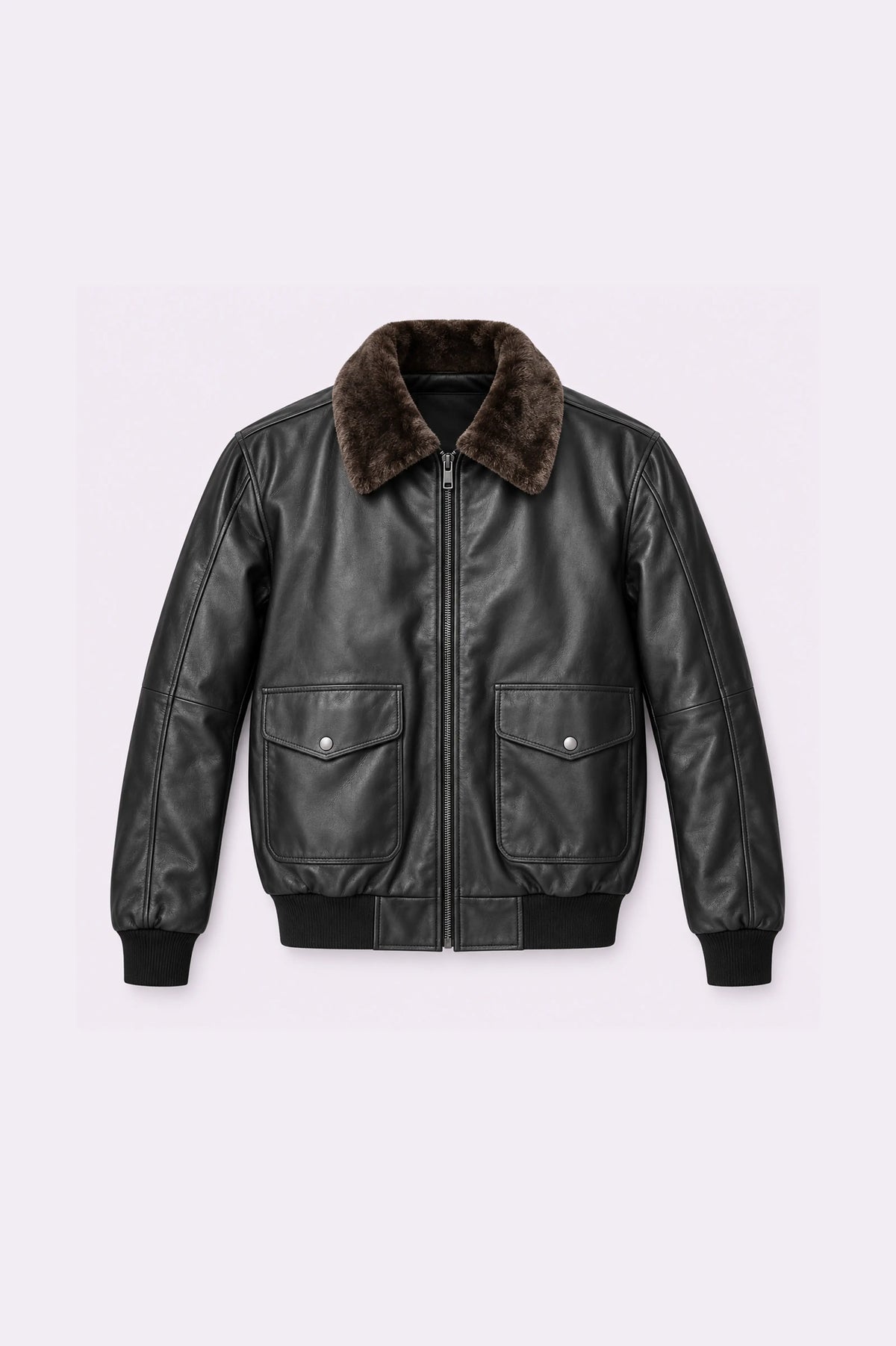 Fur Collar Black Bomber Jacket - front view