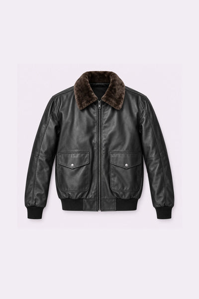 Fur Collar Black Bomber Jacket - front view