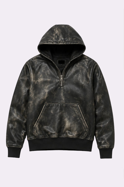 Genuine Leather Distressed Black Half-Zip Hoodie
