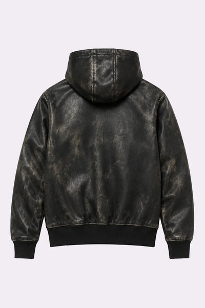 Genuine Leather Distressed Black Half-Zip Hoodie