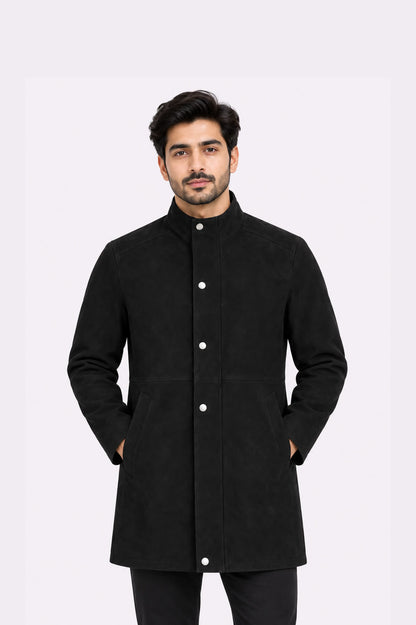 Real Black Suede High Collar Coat